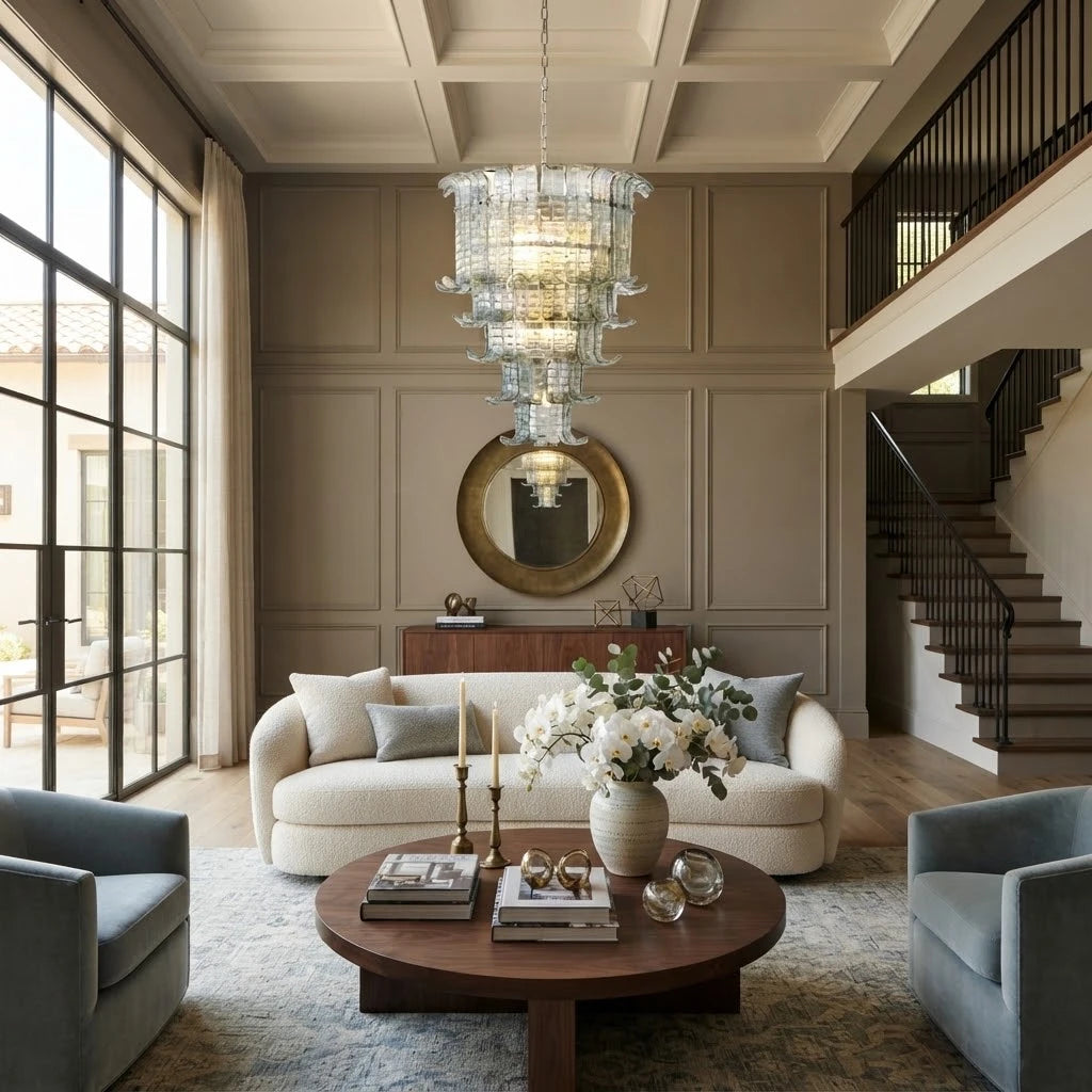 Modern Tiered Crystal Glass Chandelier in Open Plan Living Area