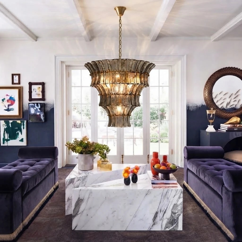Modern Multi-Tier Art Glass Chandelier in Contemporary Living Space
