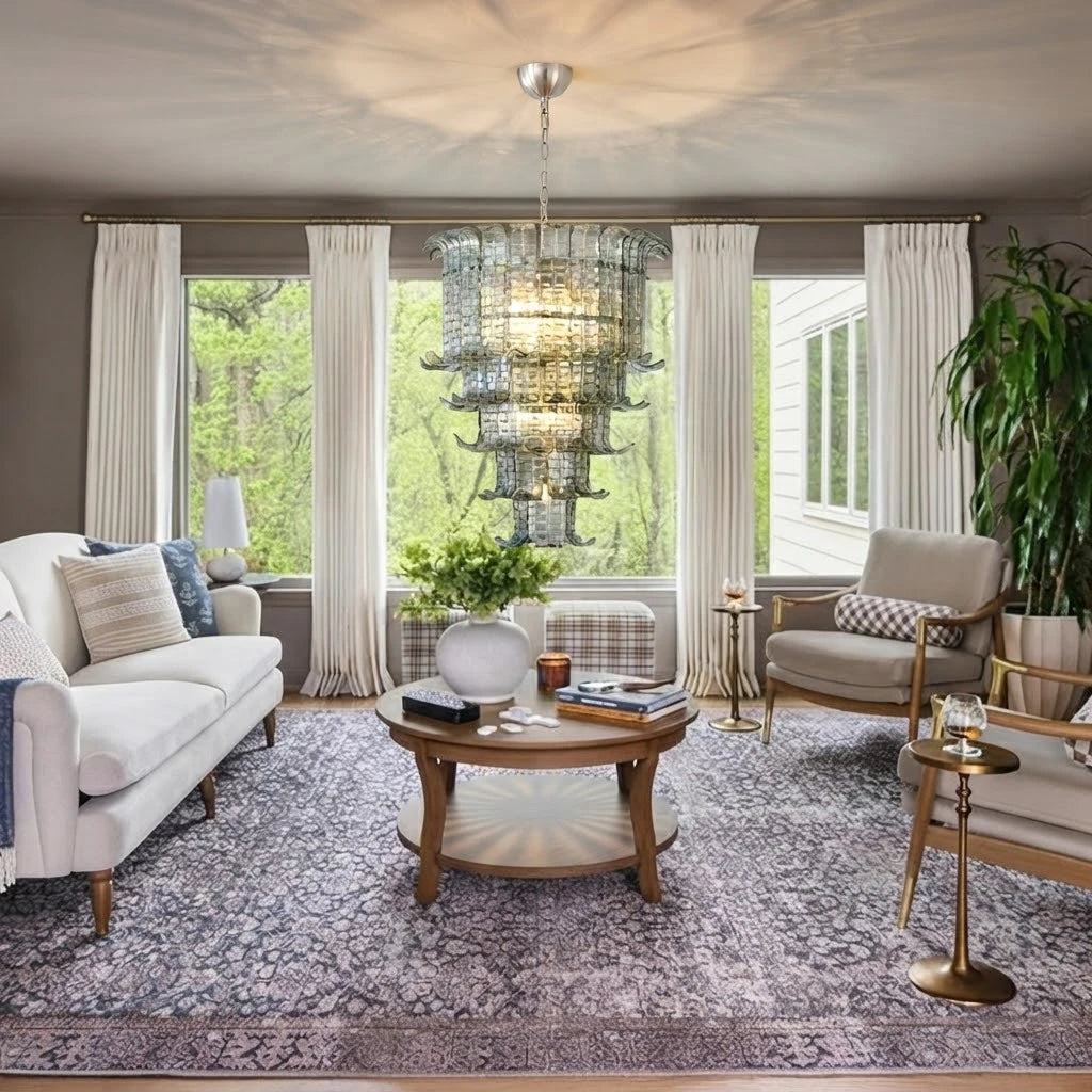 Modern Multi-Tier Crystal Glass Chandelier in Stylish Living Space