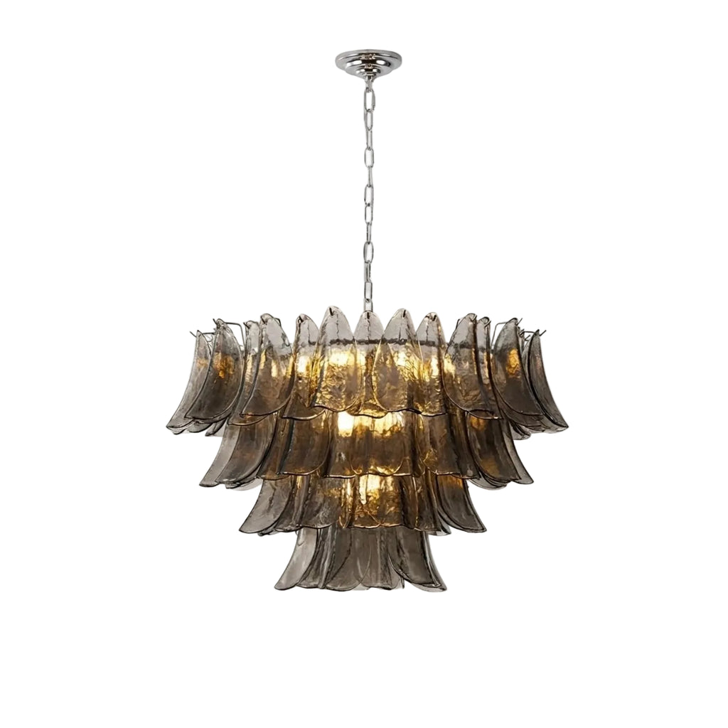 Modern Smoke Grey Petal Art Glass Chandelier with Silver Canopy on Pure White Background