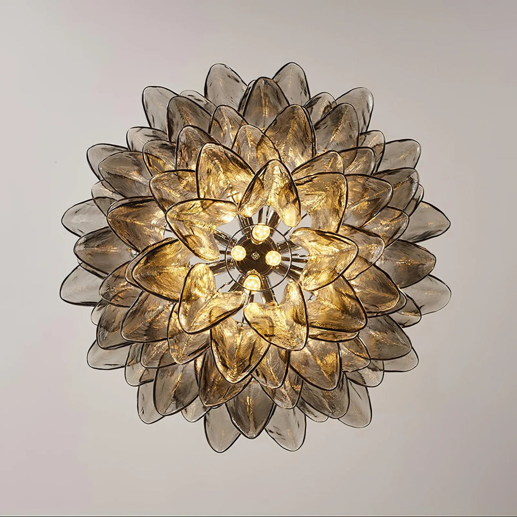 Upward View of Illuminated Smoke Grey Petal Art Glass Chandelier Interior