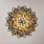 Upward View of Illuminated Smoke Grey Petal Art Glass Chandelier Interior