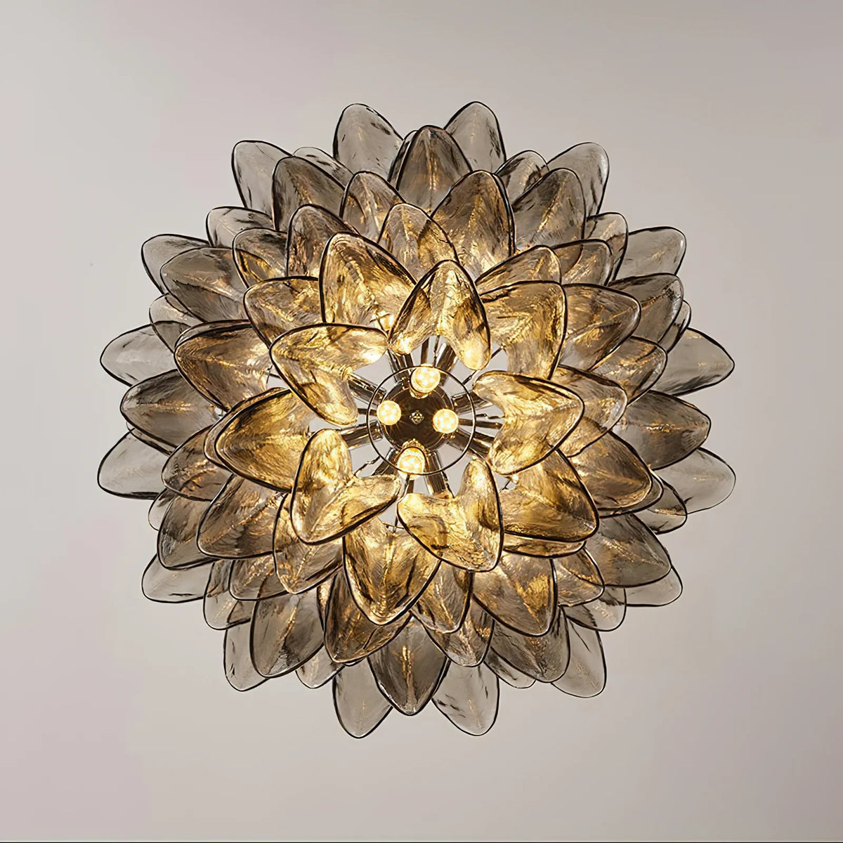 Upward View of Illuminated Smoke Grey Petal Art Glass Chandelier Interior
