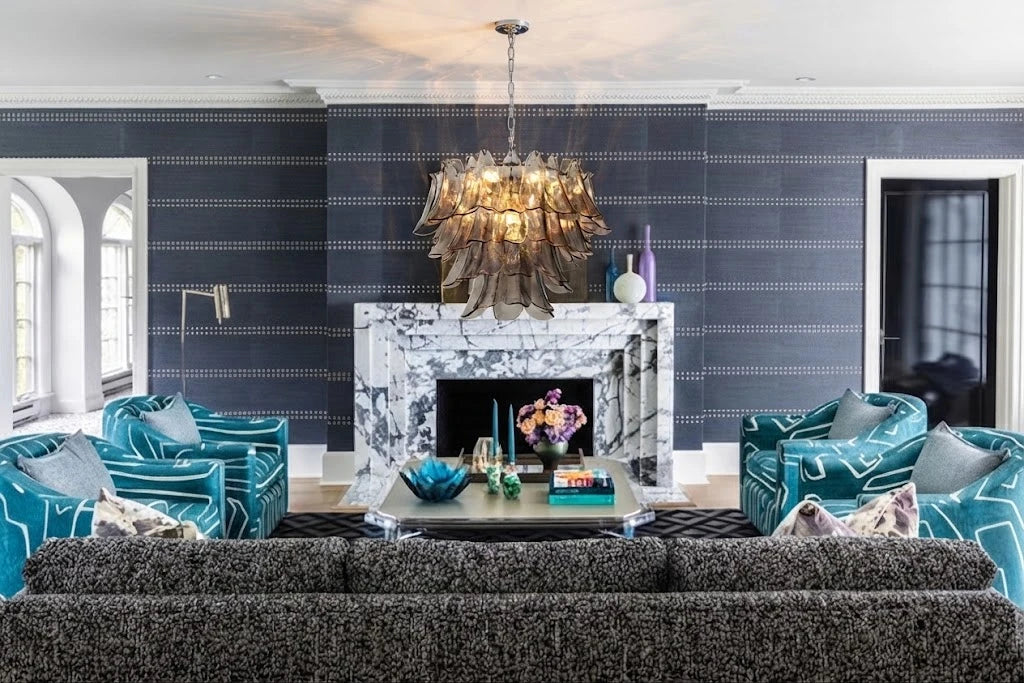 Modern Smoke Grey Petal Art Glass Chandelier in Luxury Living Room