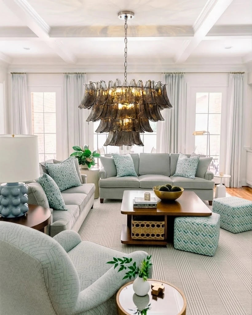 Modern Smoke Grey Petal Chandelier in Bright Living Area