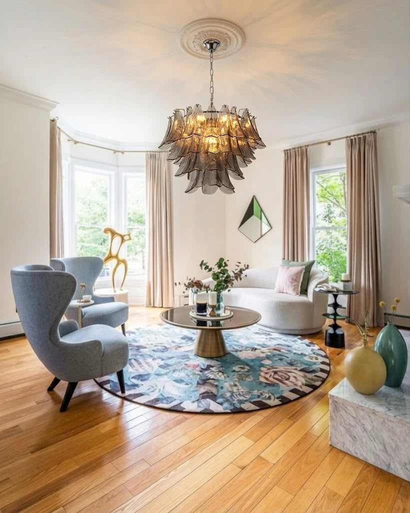Modern Smoke Grey Petal Art Glass Chandelier in Cozy Sitting Room