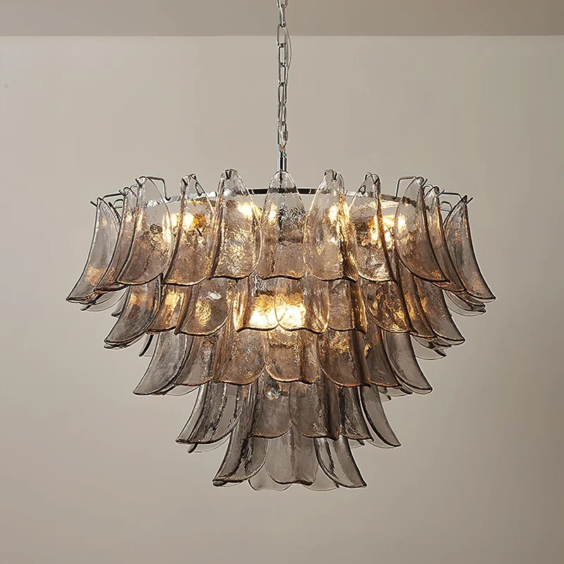 Illuminated Large Modern Smoke Grey Petal Art Glass Chandelier Studio Shot