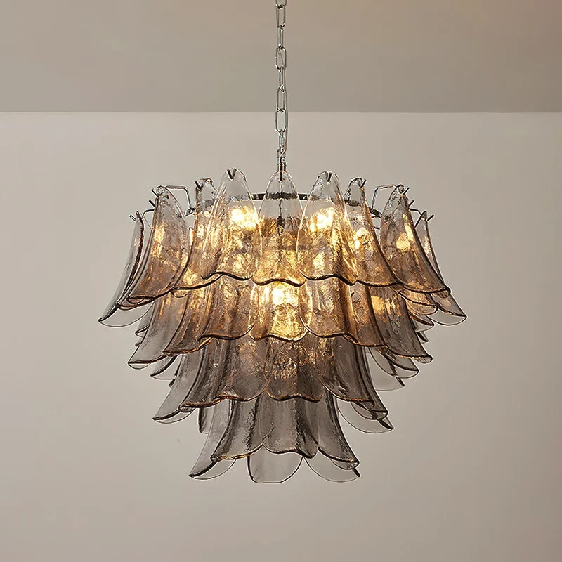 Illuminated Modern Multi-Tier Smoke Grey Petal Chandelier Studio Display