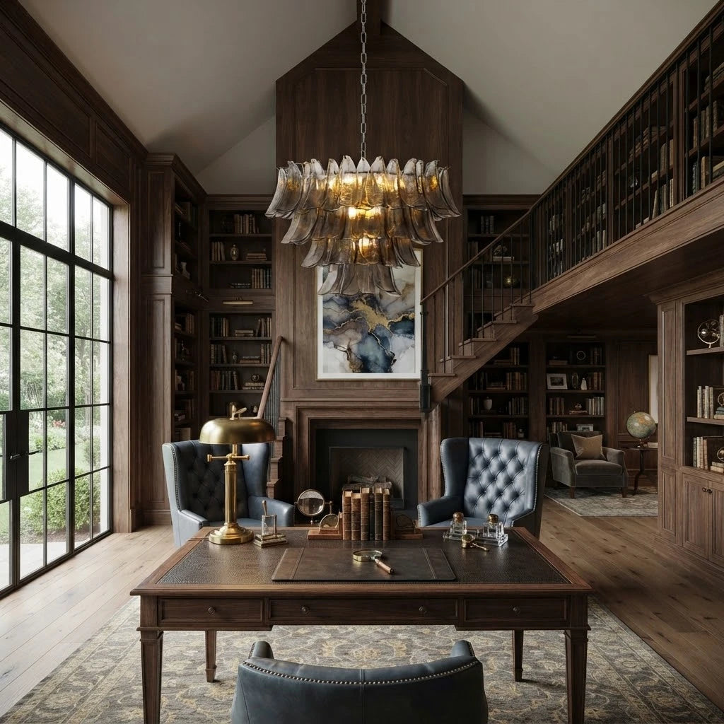 Modern Smoke Grey Petal Chandelier in Home Office Setting