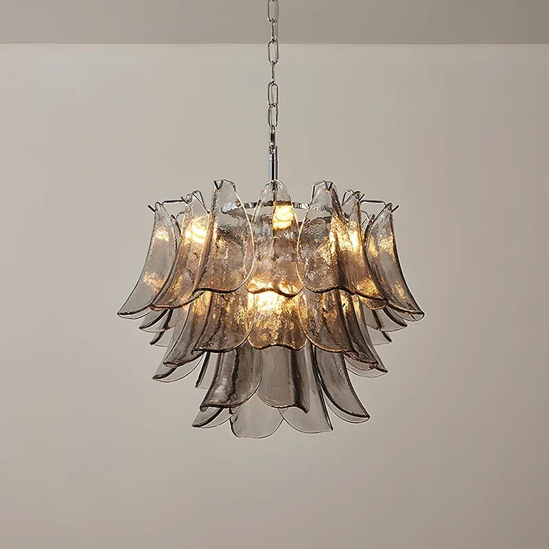 Illuminated Modern Smoke Grey Petal Art Glass Chandelier Studio Shot