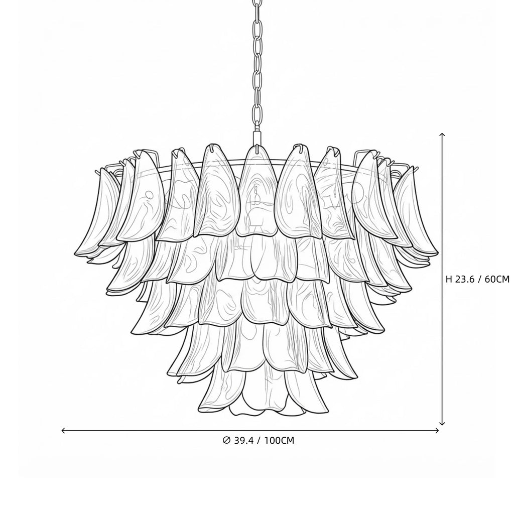 Modern Large Multi-Tier Smoke Grey Petal Chandelier Line Art Dimension Diagram