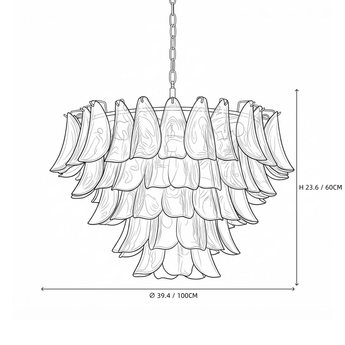 Modern Large Multi-Tier Smoke Grey Petal Chandelier Line Art Dimension Diagram