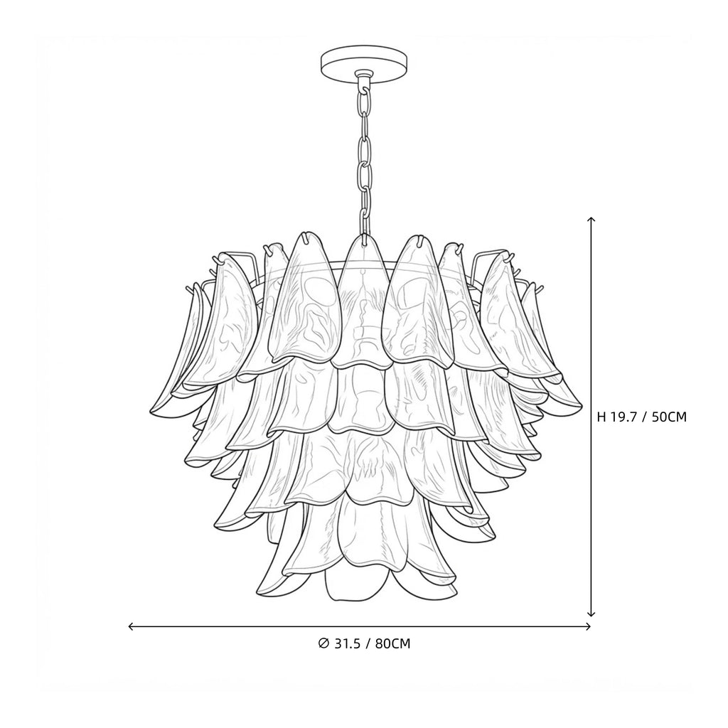 Modern Medium Smoke Grey Petal Art Glass Chandelier Line Art Dimension Diagram