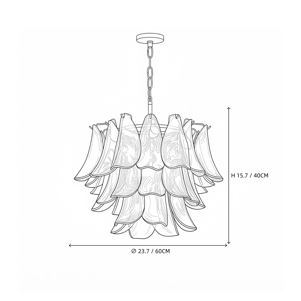 Modern Small Smoke Grey Petal Art Glass Chandelier Line Art Dimension Diagram