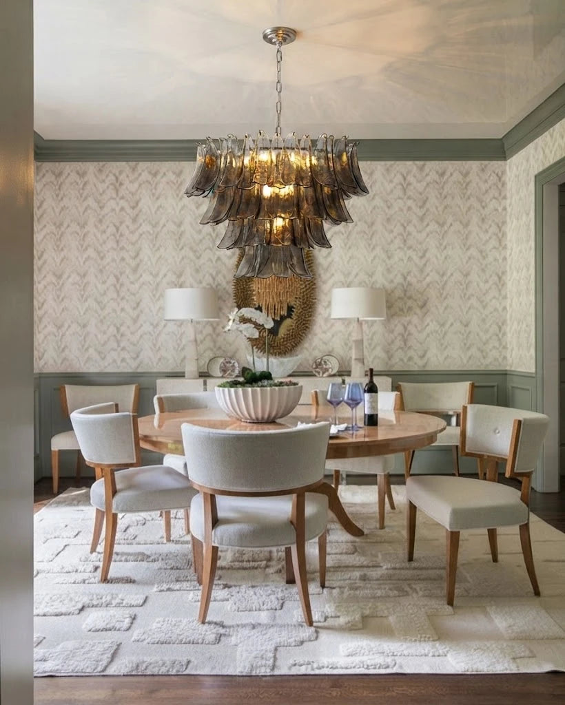 Modern Smoke Grey Petal Art Glass Chandelier in Elegant Dining Area