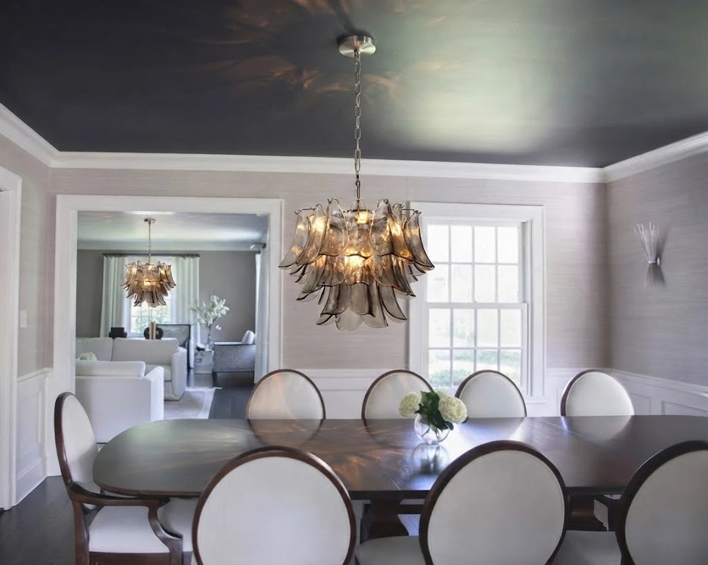 Modern Smoke Grey Petal Chandelier in Formal Dining Room