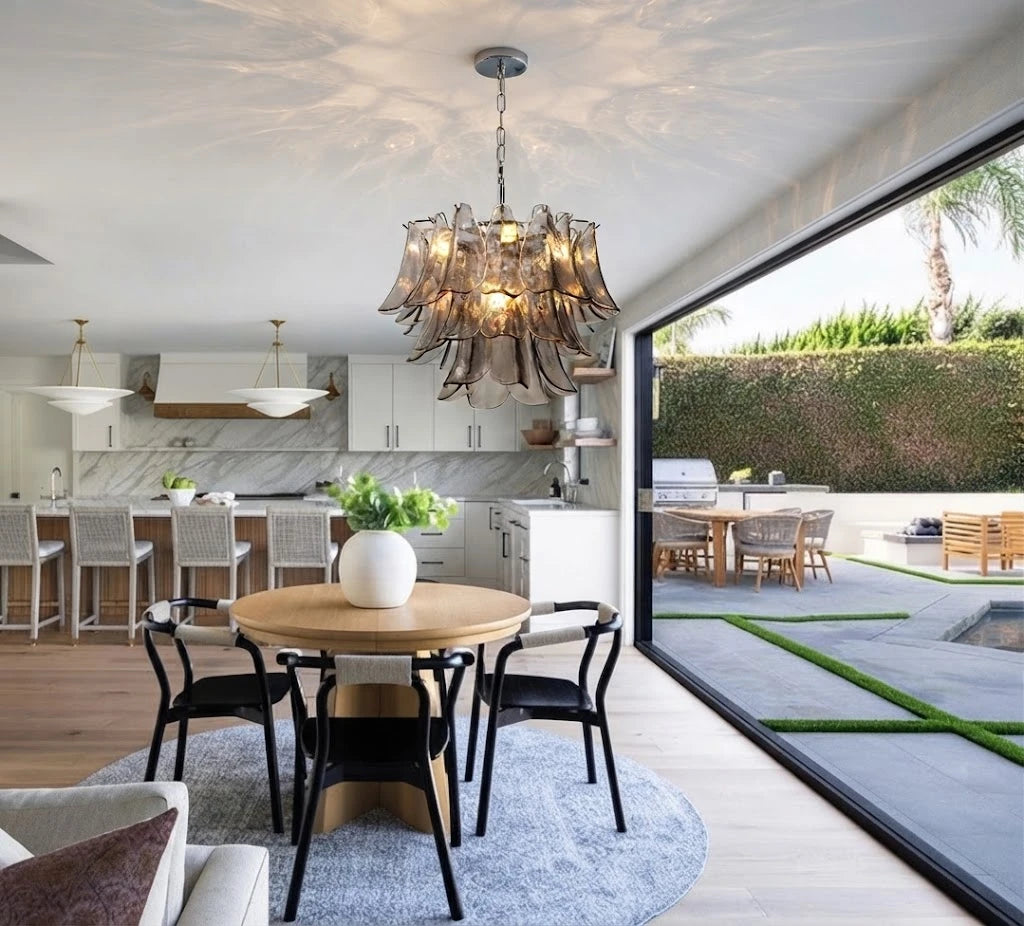 Modern Smoke Grey Petal Chandelier in Open Plan Dining Room