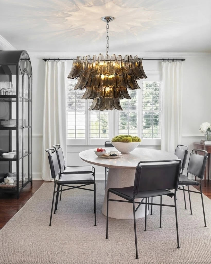 Modern Smoke Grey Petal Art Glass Chandelier Over Round Dining Table