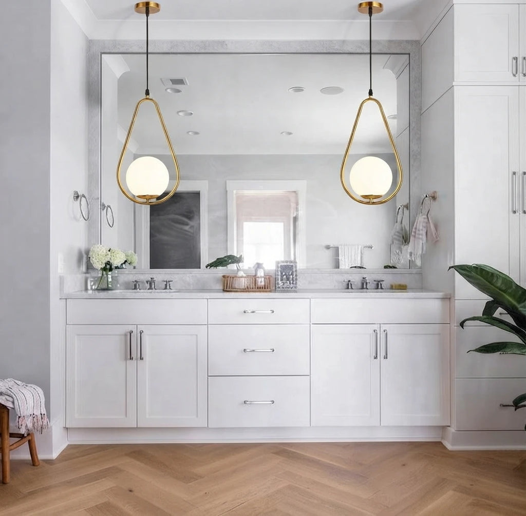 Modern Brass Glass Pendant Lights Over Bathroom Vanity