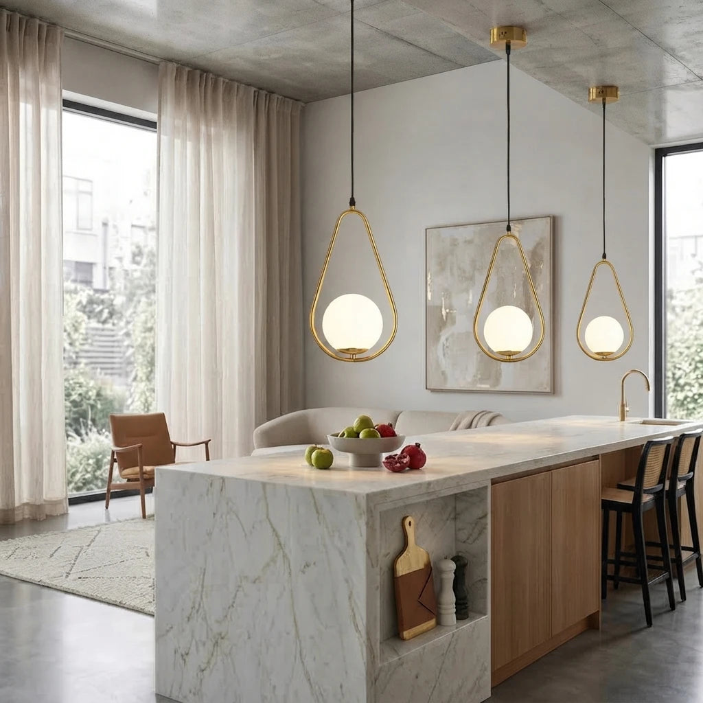 Modern Tear Drop Brass Glass Pendant Lights Over Kitchen Island