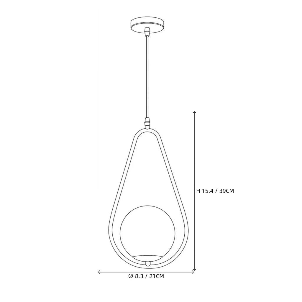Modern Tear Drop Brass Glass Mini Pendant Light Line Art Dimension Diagram