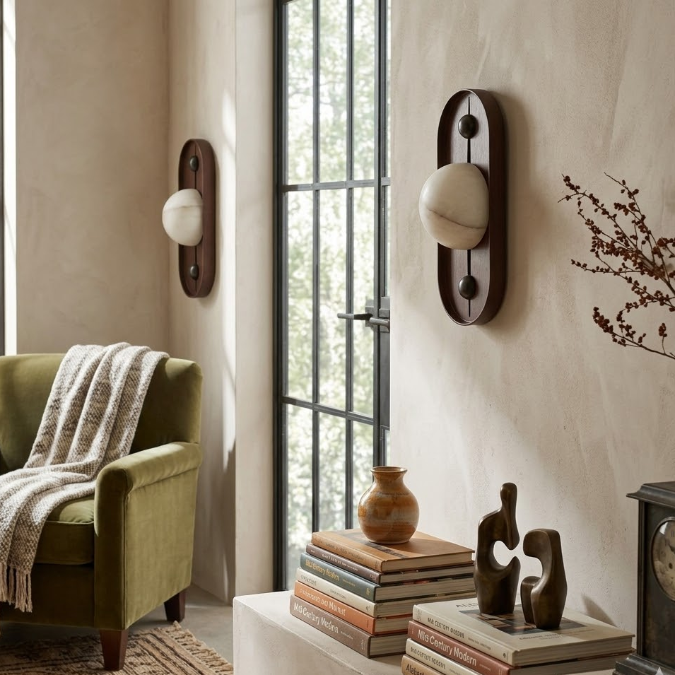 Two Solaris Timber Alabaster Sconces mounted beside tall window neutral living room design