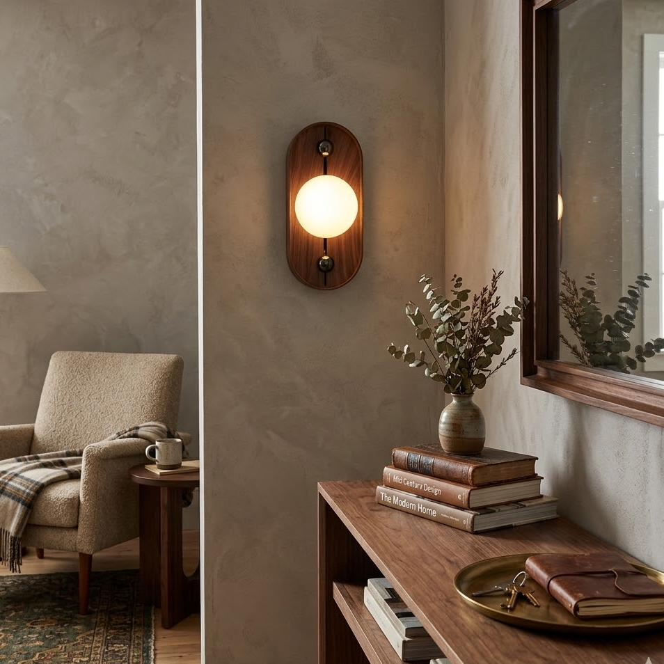 Arched Solaris timber alabaster wall lamp glowing above wooden console table