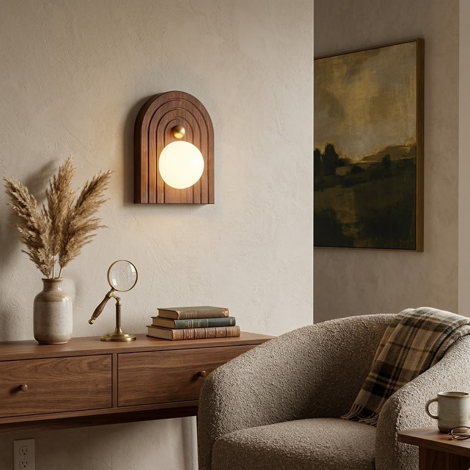 Single arched Solaris Timber Sconce wabi sabi style study room wall lighting
