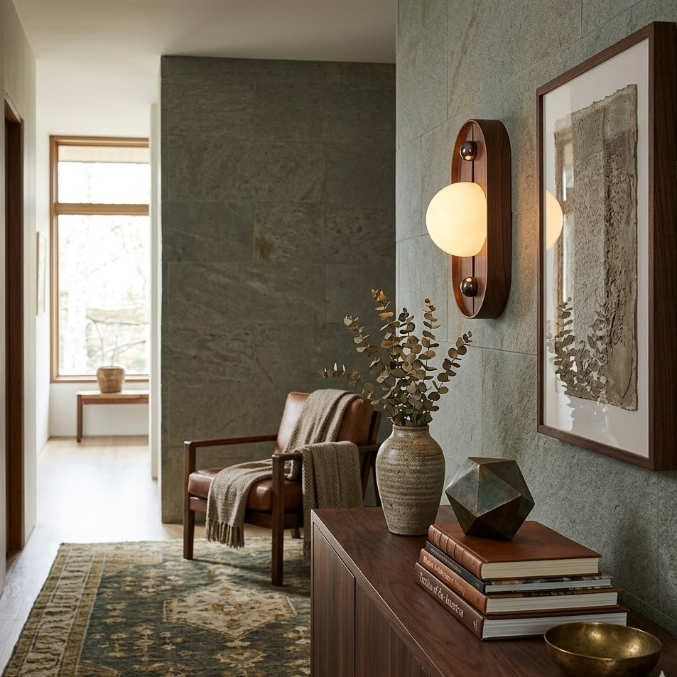 Lit Solaris Timber wall sconce installed in warm minimalist entryway interior decor
