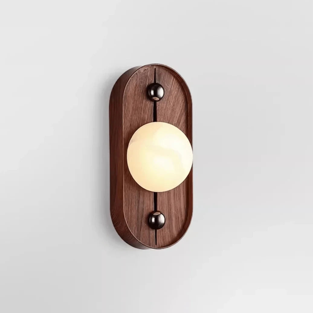 Front View of Modern Oval Wooden Globe Wall Sconce Studio Shot