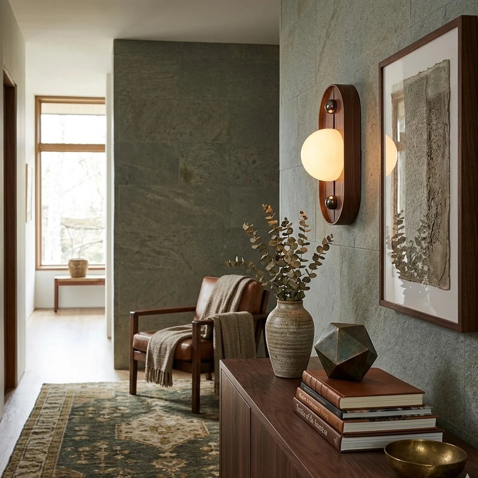 Modern Wooden Globe Wall Sconce in Open Plan Interior