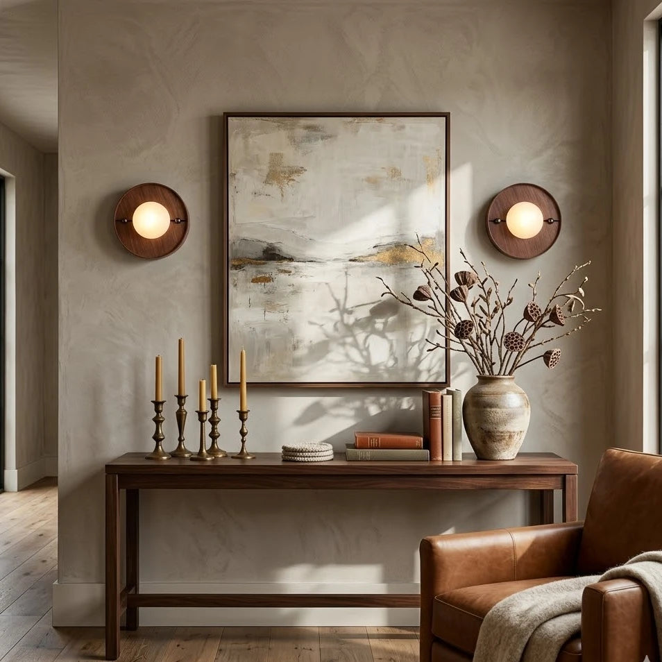 Modern Wooden Globe Wall Sconces Over Entryway Console