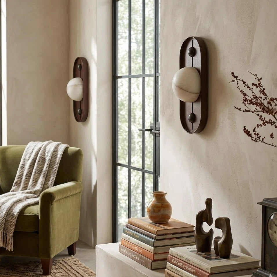Modern Wooden Globe Art Wall Sconce in Living Room Corner