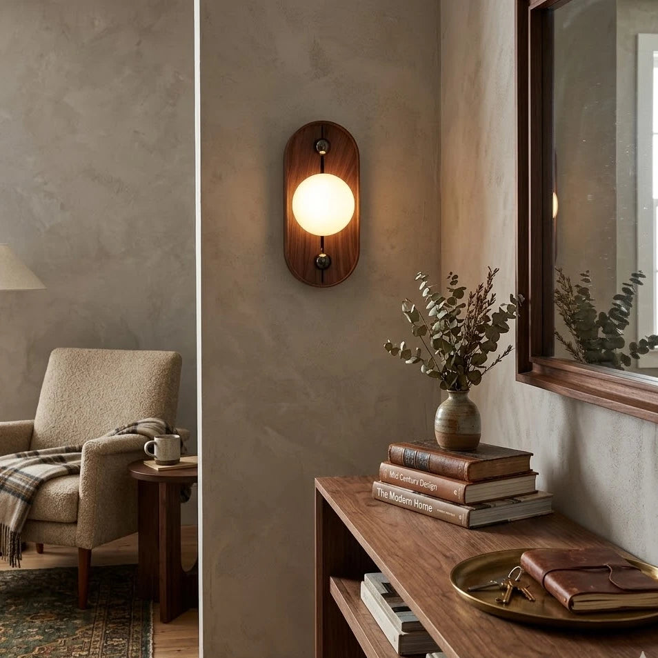 Modern Wooden Globe Wall Sconce in Cozy Hallway Setting