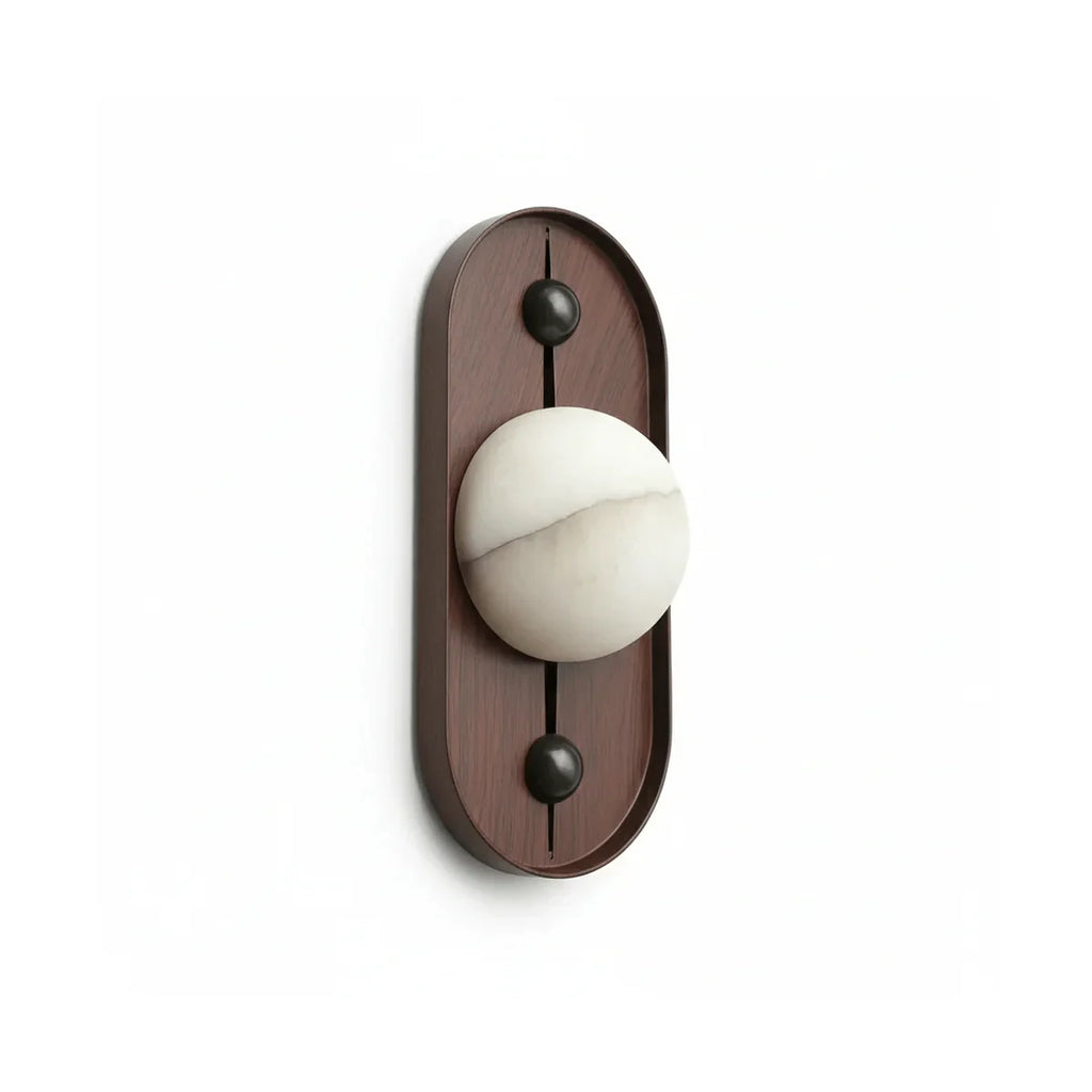 Modern Wooden Globe Art Wall Sconce with Walnut Backplate on Pure White Background