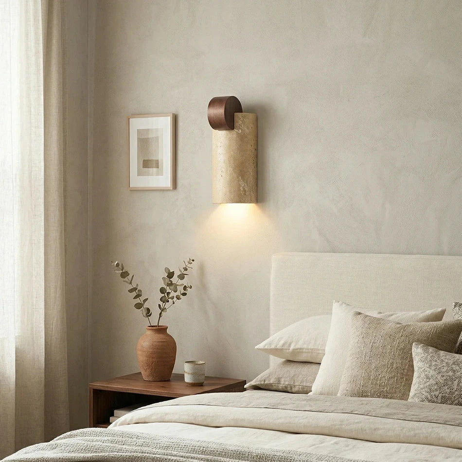 Travertine Wooden Bedside Wall Sconce Over Bedroom Nightstand