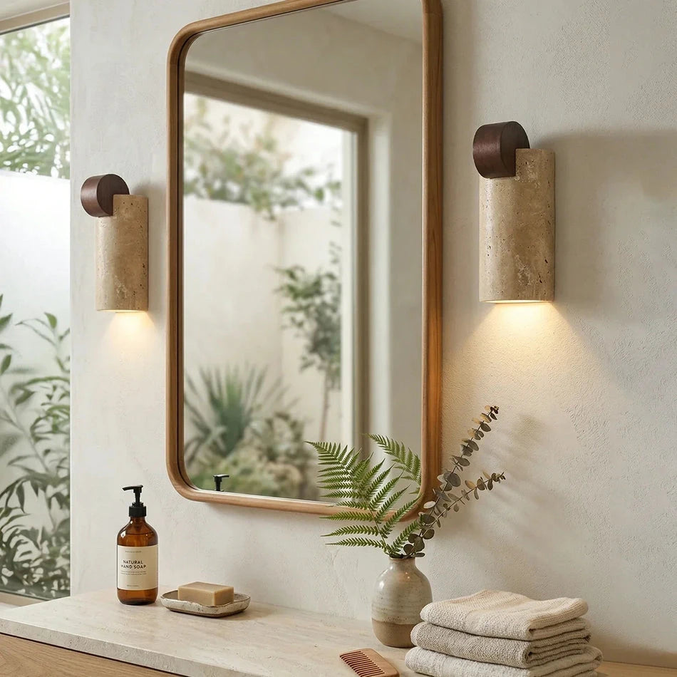 Pair of Travertine Wooden Vanity Wall Sconces Beside Bathroom Mirror