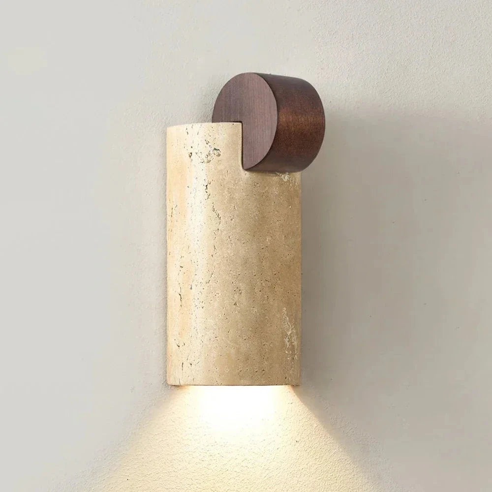 Illuminated Travertine Cylinder Wooden Wall Light Studio Display