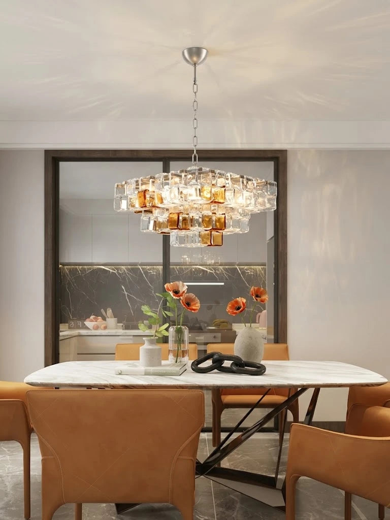 Modern Tiered Art Glass Chandelier Over Marble Dining Table