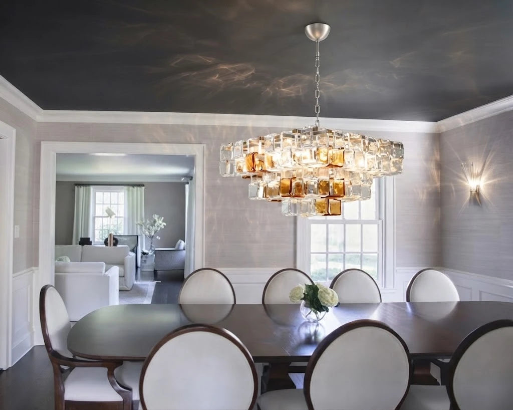 Modern Tiered Art Glass Chandelier in Formal Dining Room