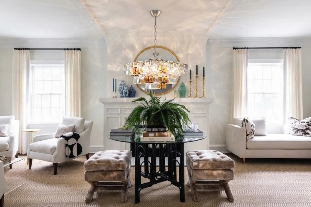 Modern Tiered Clear and Amber Art Glass Chandelier in Bright Living Room