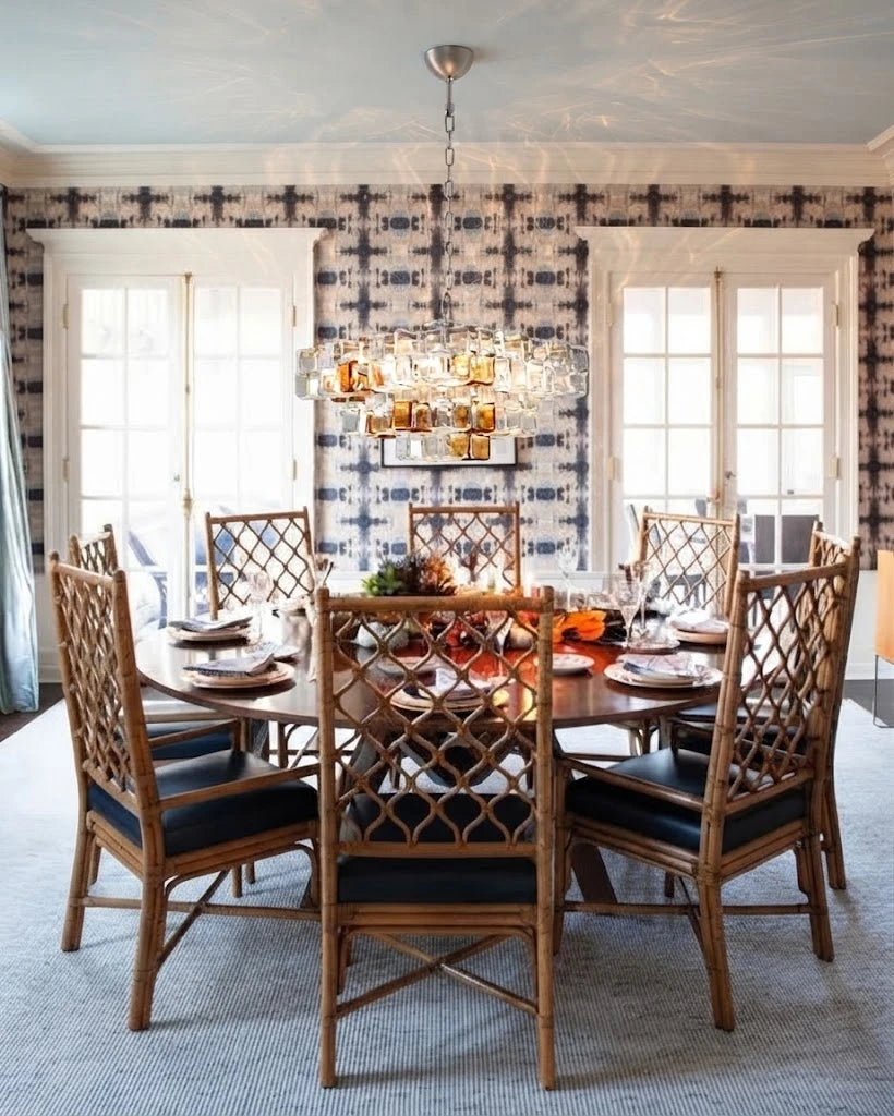Modern Tiered Art Glass Chandelier in Elegant Dining Area