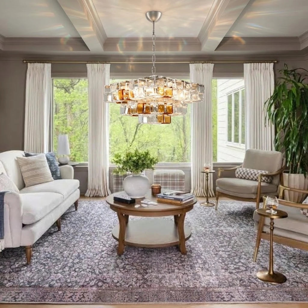 Modern Tiered Clear and Amber Art Glass Chandelier in Contemporary Interior