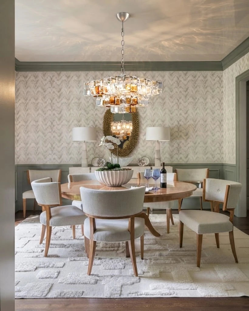 Modern Tiered Clear and Amber Art Glass Chandelier Over Round Dining Table