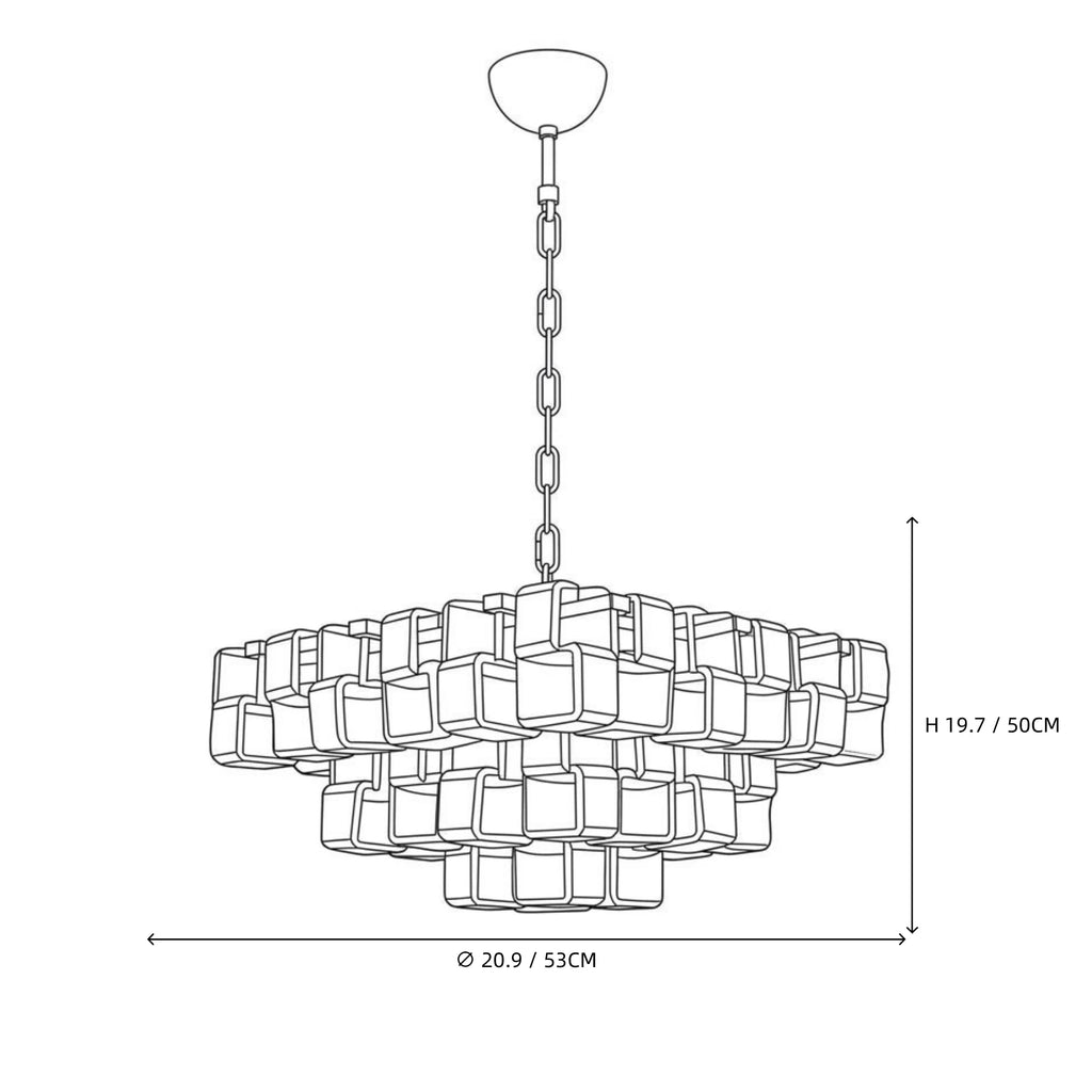 Modern Tiered Clear and Amber Art Glass Chandelier Line Art Dimension Diagram