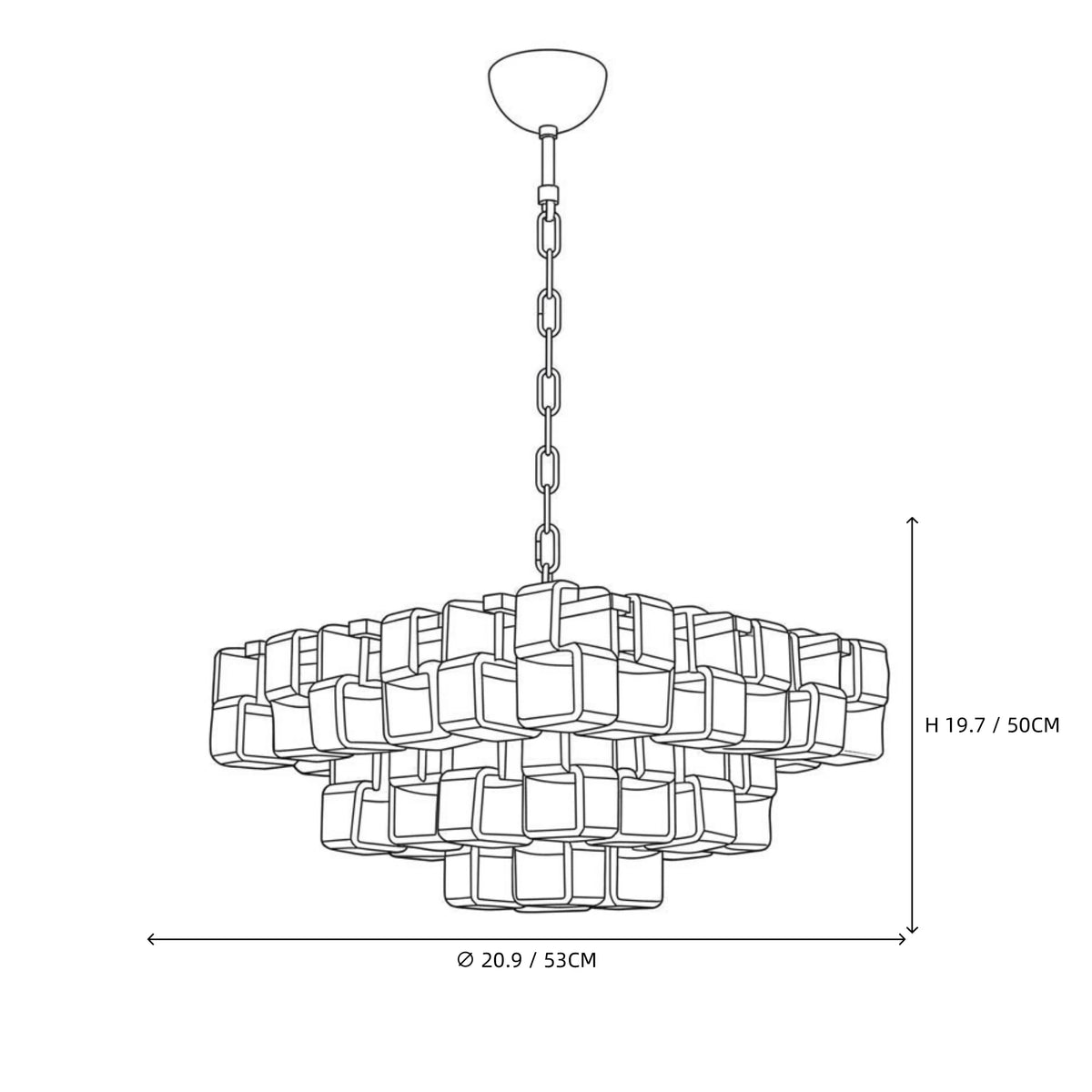 Modern Tiered Clear and Amber Art Glass Chandelier Line Art Dimension Diagram