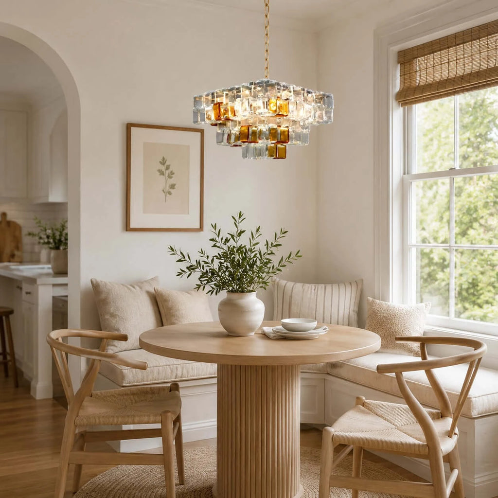 Modern Clear and Amber Art Glass Chandelier in Dining Nook Setting