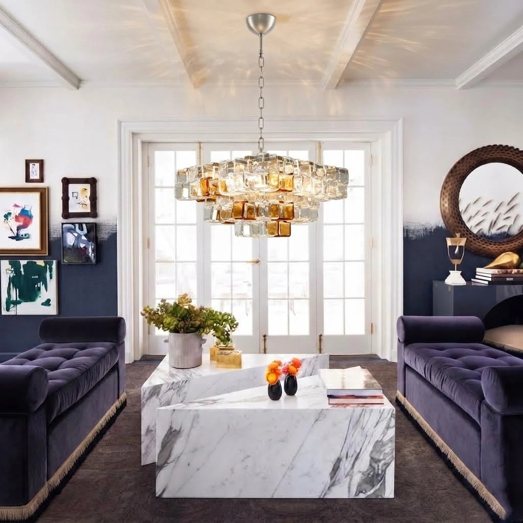 Modern Tiered Clear and Amber Art Glass Chandelier in Open Living Space