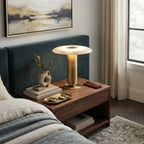 Modern Brass Table Lamp with Disc Shade in Master Bedroom Interior