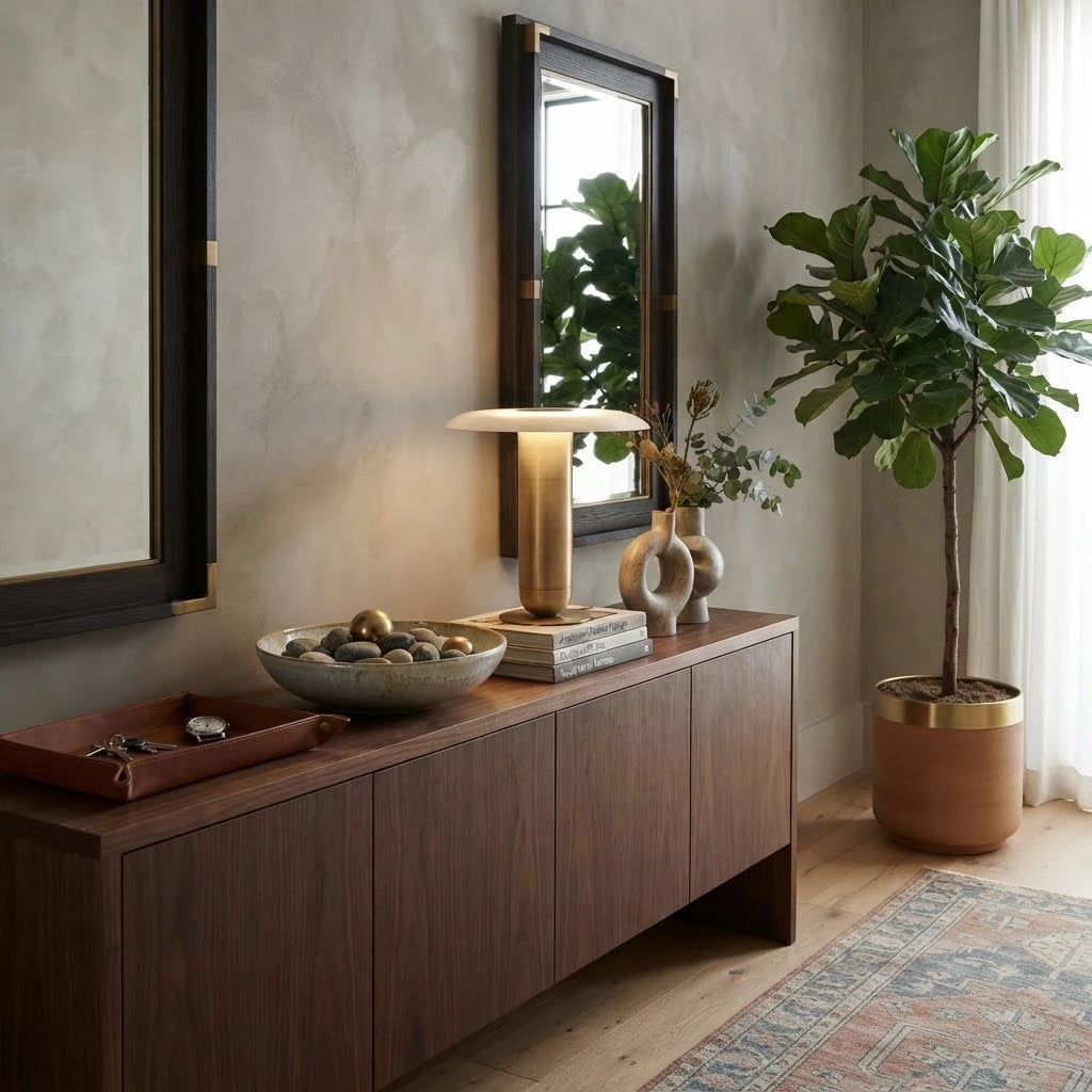 Modern Brass Disc Shade Table Lamp in Grand Foyer Setting